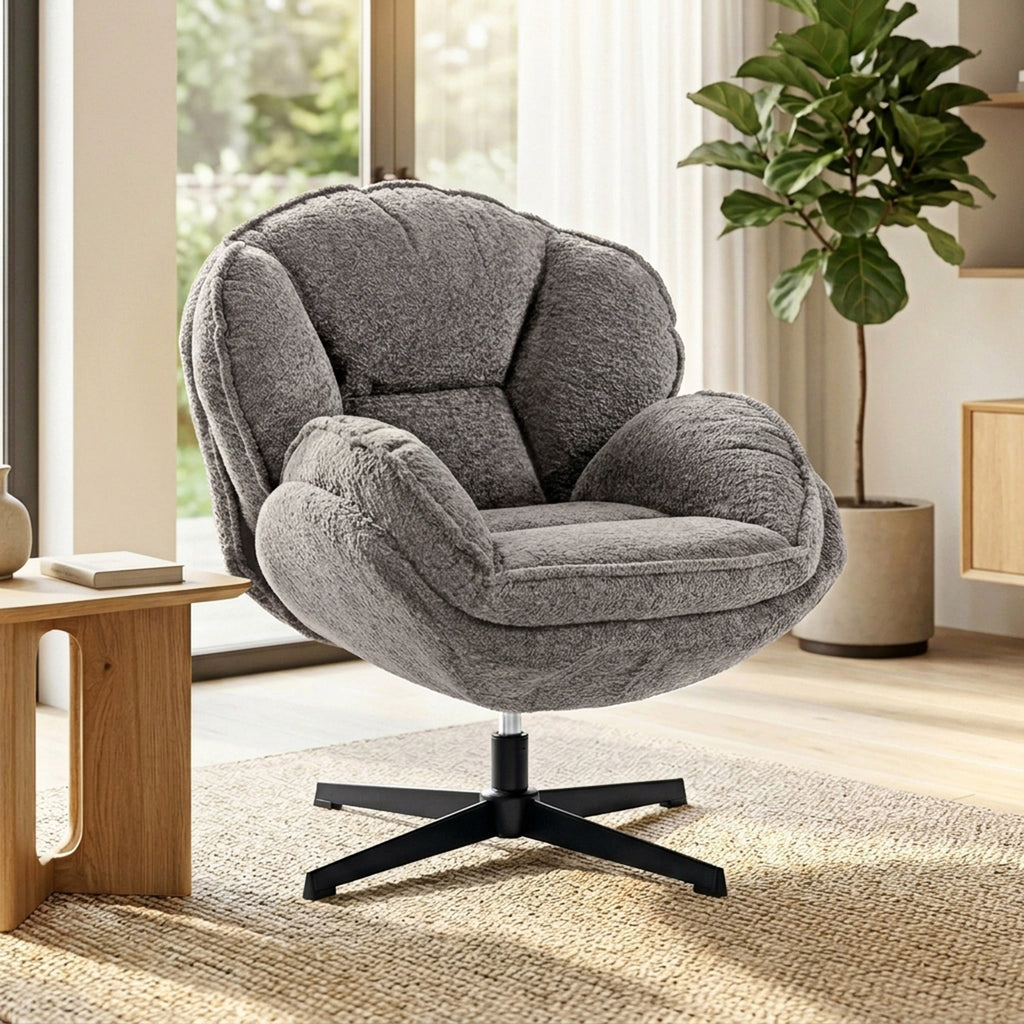 Moderner Wingback-Sessel, Samt-Armlehnsessel mit Vier-Sterne-Basis, S-Federn, 360° Drehfunktion, Grau