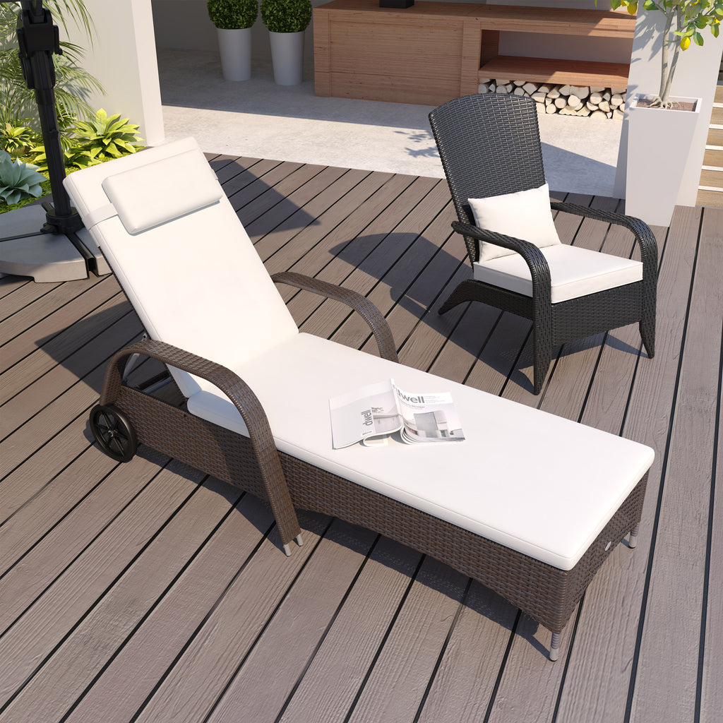 Gartenliege mit Auflage, verstellbare Rückenlehne, Metallgestell, Polyrattan, braun+creme, 200 x 73 x 103 cm