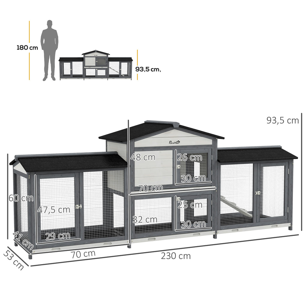 2-Tier Large Rabbit Hutch Outdoor with Double Side Run Boxes, No-leak Plastic Tray, Ramp, 230 x 53 x 93.5cm, Light Grey