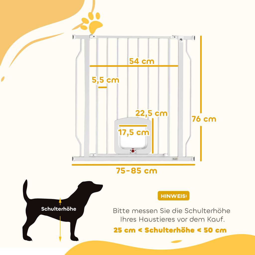 Adjustable Pet Gate with Cat Door, Pressure Fit Barrier for Doorway and Hallway, 75-85 cm, White