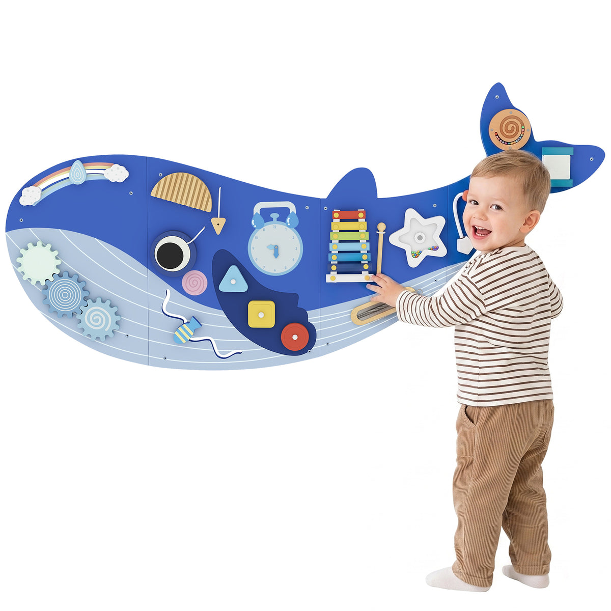 Whale Activity Wall Busy Board, 13 in 1 Montessori Inspired Sensory Wall Panel for Playroom Nursery Boys Girls 2+, Blue