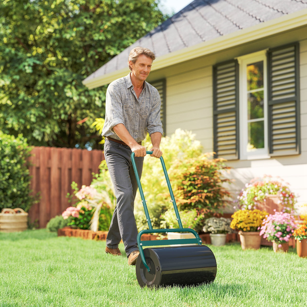 38L Fillable Cylinder Steel Lawn Roller - Dark Green