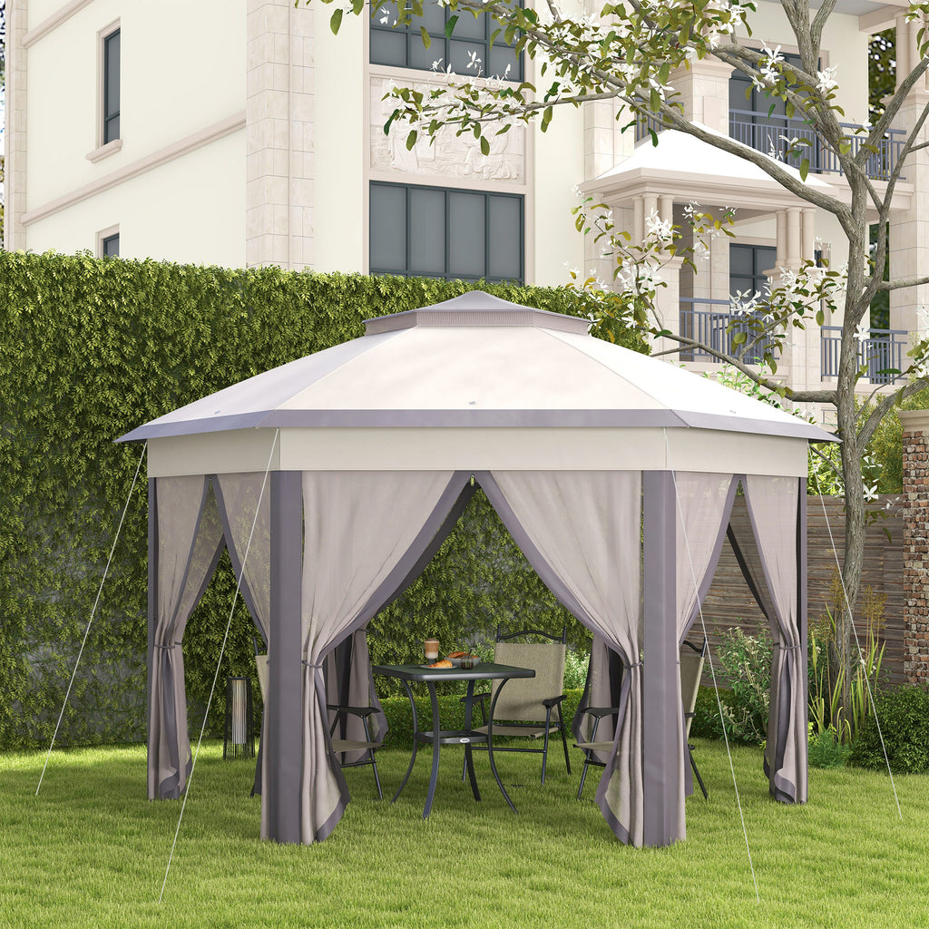 Gartenpavillon Faltpavillon 4 x 4 m Pop-Up-Zelt Partyzelt inkl. Tragetasche 6 Seitenteile Doppeldach sechseckig Beige