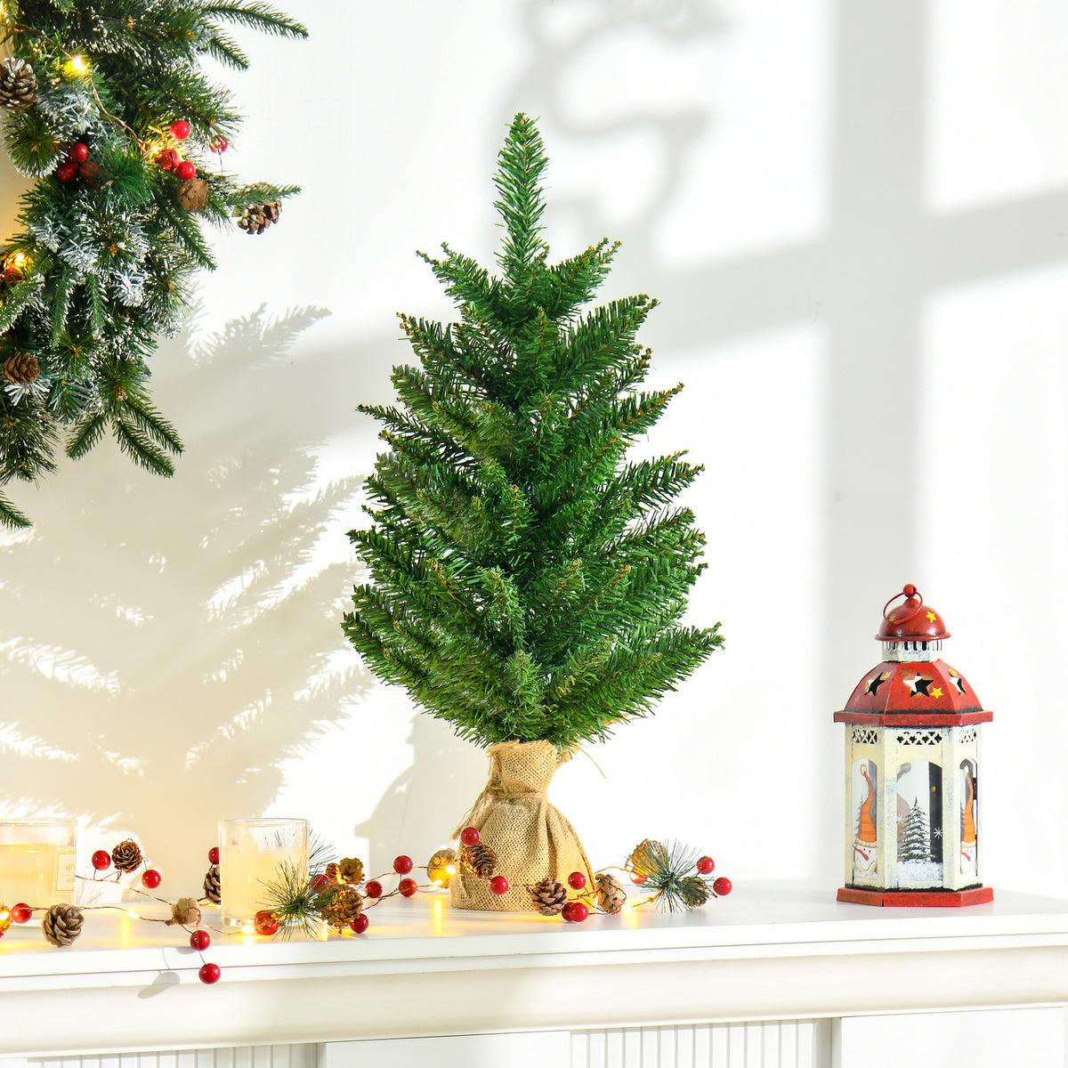 Mini Weihnachtsbaum mit künstlichem Schnee, 60 cm hoch, mit Zementständer, Mehrfarbig
