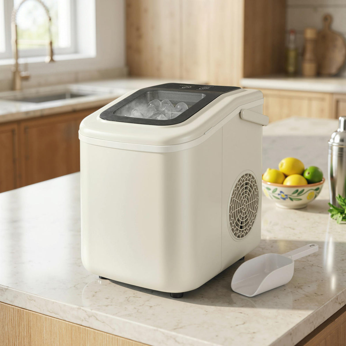 Tragbare Eiswürfelmaschine mit Selbstreinigung, Eisschaufel & Korb, 12 kg/24 Std., Beige