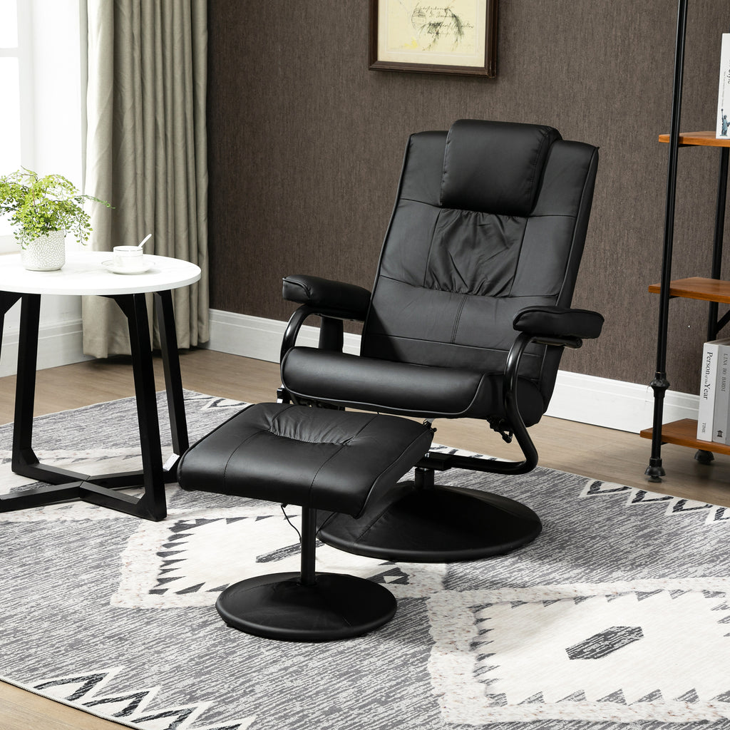 Relaxsessel mit Hocker, 360°drehbarer Fernsehsessel mit Massage, Liegefunktion, Massagesessel mit Seitentasche, TV-Sessel aus Kunstleder für Wohnzimmer Schwarz