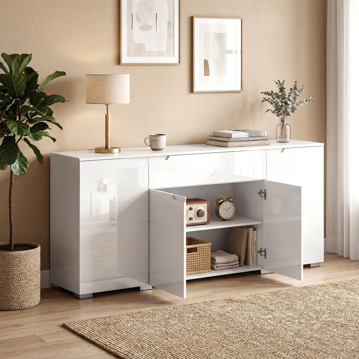 Hochglanz-Sideboard, moderne Kommode mit 4 Türen und verstellbaren Einlegeböden, Soft-Close-Funktion, Weiß