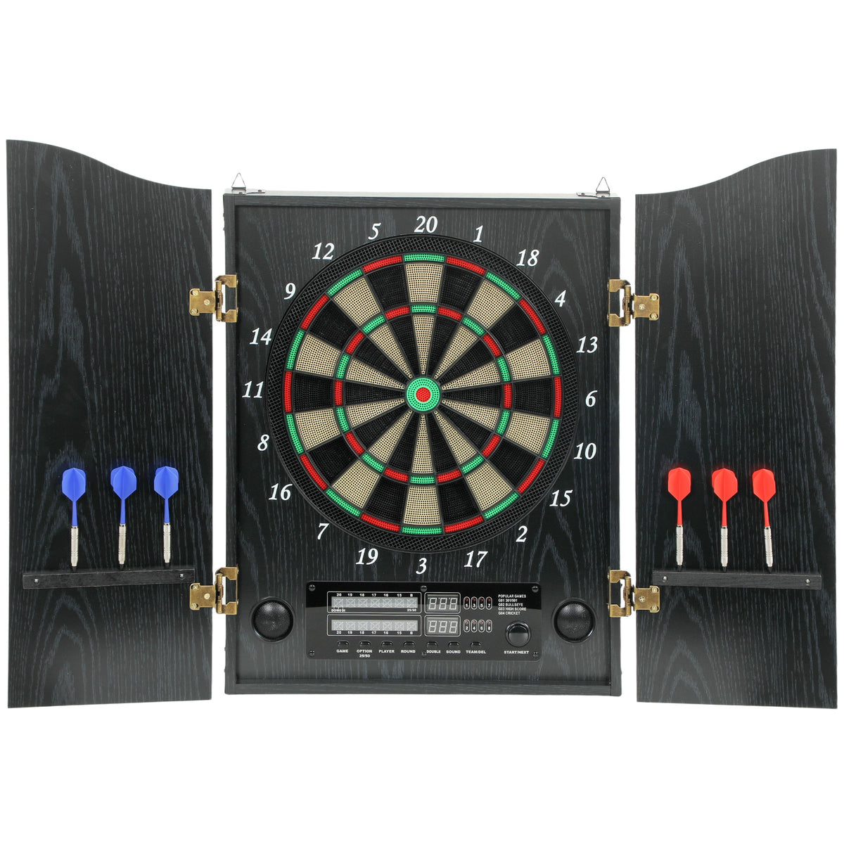 Elektronische Dartscheibe E Dartboard mit Türen Holzoptik LED Anzeige Sprachansagen 6 Dartpfeile, 24 Ersatzspitzen