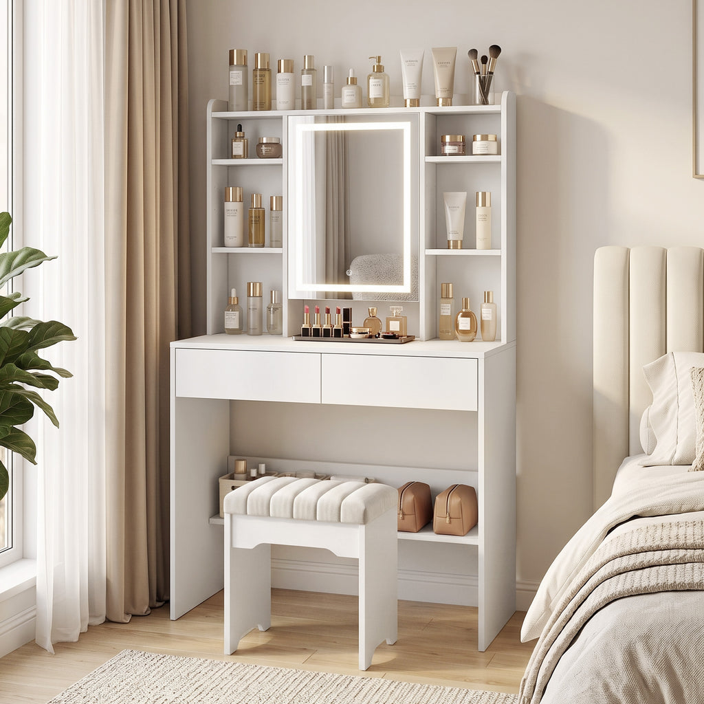 Schminktisch mit Spiegelschrank, LED-Beleuchtung, 2 Schubladen, Weiß