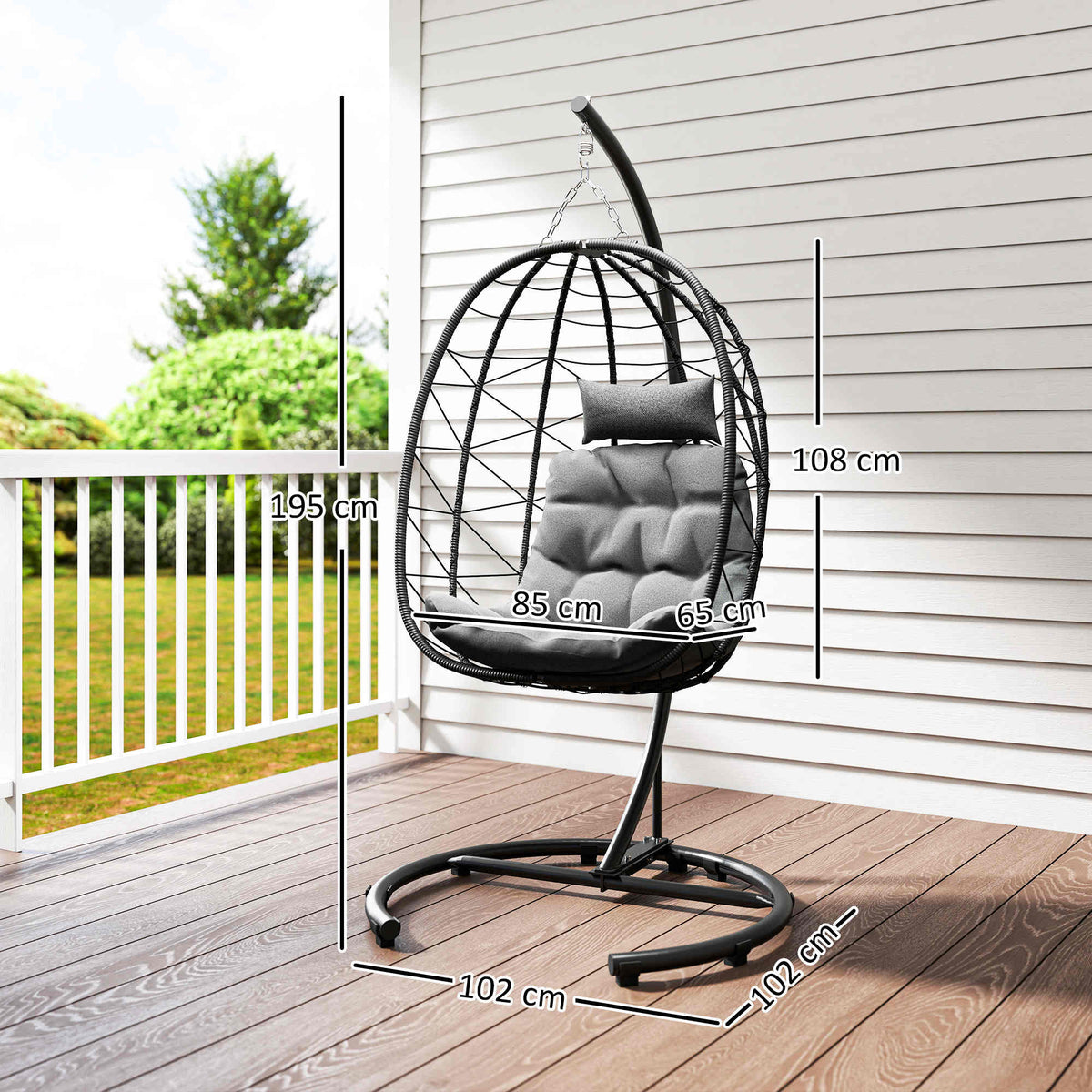 Hängesessel Outdoor Hängesessel Egg Chair, wetterbeständig, inkl. Polster, 102 cm x 102 cm x 195 cm, Dunkelgrau