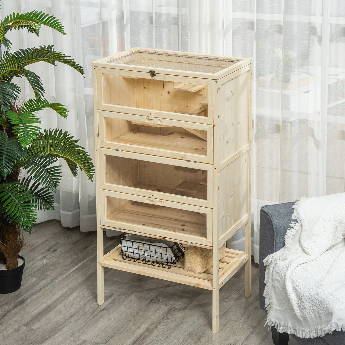Wooden Large Hamster Cage, Gerbil Cage 4 Layers with Tall Bottom & Storage Shelf