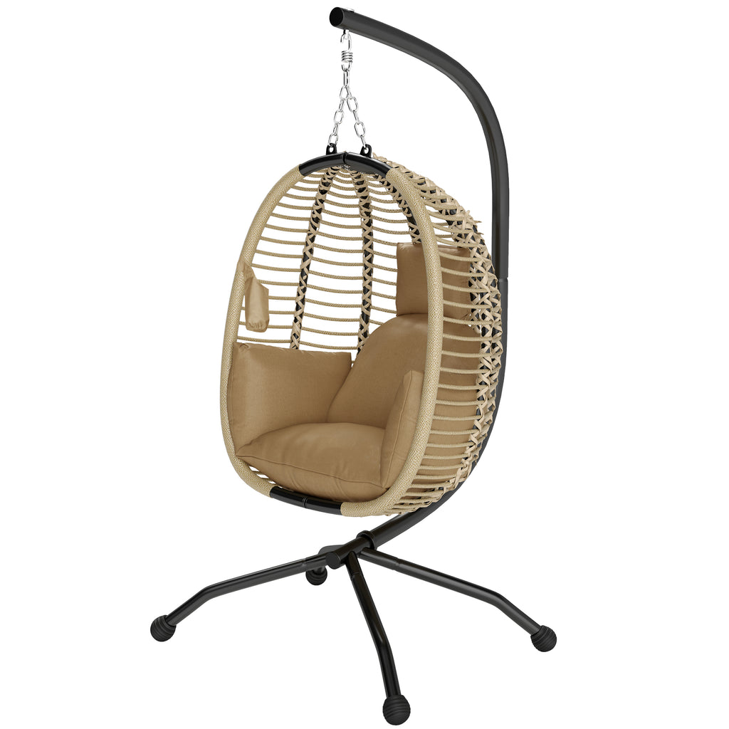 Hängesessel mit Gestell, Faltbar Eiförmiger Hängeschaukel mit waschbarem Sitz Becherhalter Sicherheitsseil Beige