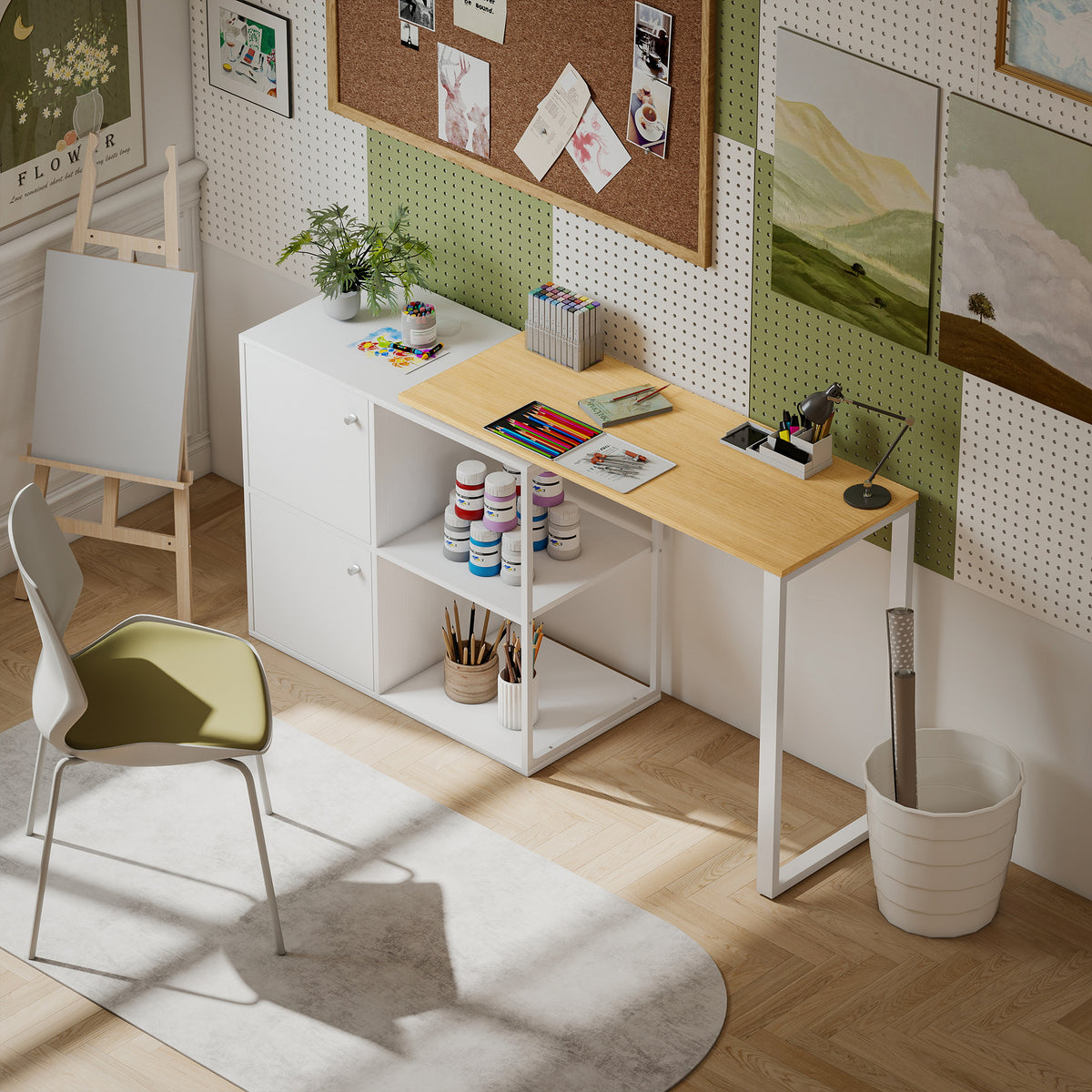 Schreibtisch L-f?rmig, 360¡ã drehbarer Eckschreibtisch mit 2 Lagerschr?nken, 2 offenen Regalen, Computertisch f¨¹r kleine R?ume, Arbeitszimmer, Wohnzimmer, 150x40x75 cm, Wei?