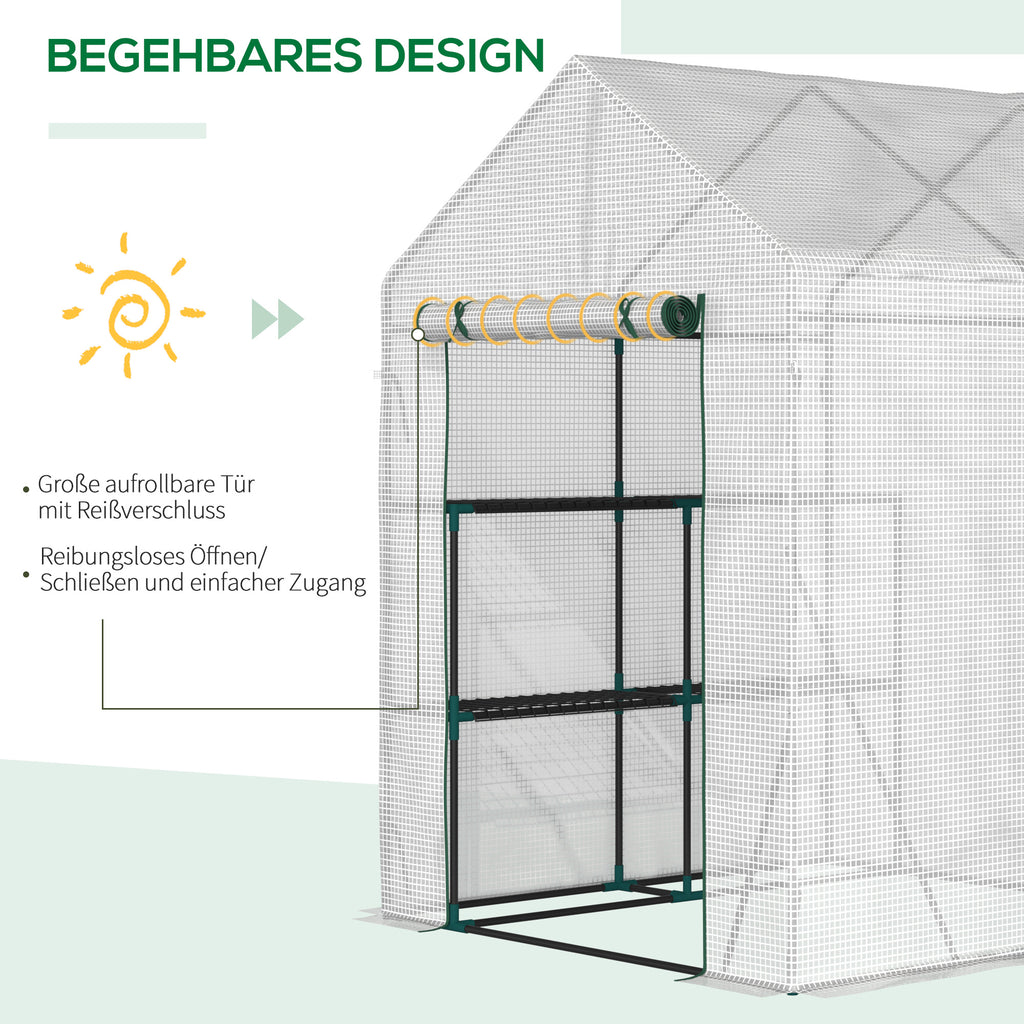  Walk In Greenhouse with 2 Tier Shelf, Portable Gardening Plant Grow House Tomato Greenhouse with Roll up Zip Panel Door, Reinforced PE Cover, 143 x 143 x 195cm, Green