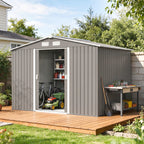 9 x 6FT Outdoor Garden Roofed Metal Storage Shed Tool Box with Foundation Ventilation & Doors Light, Grey