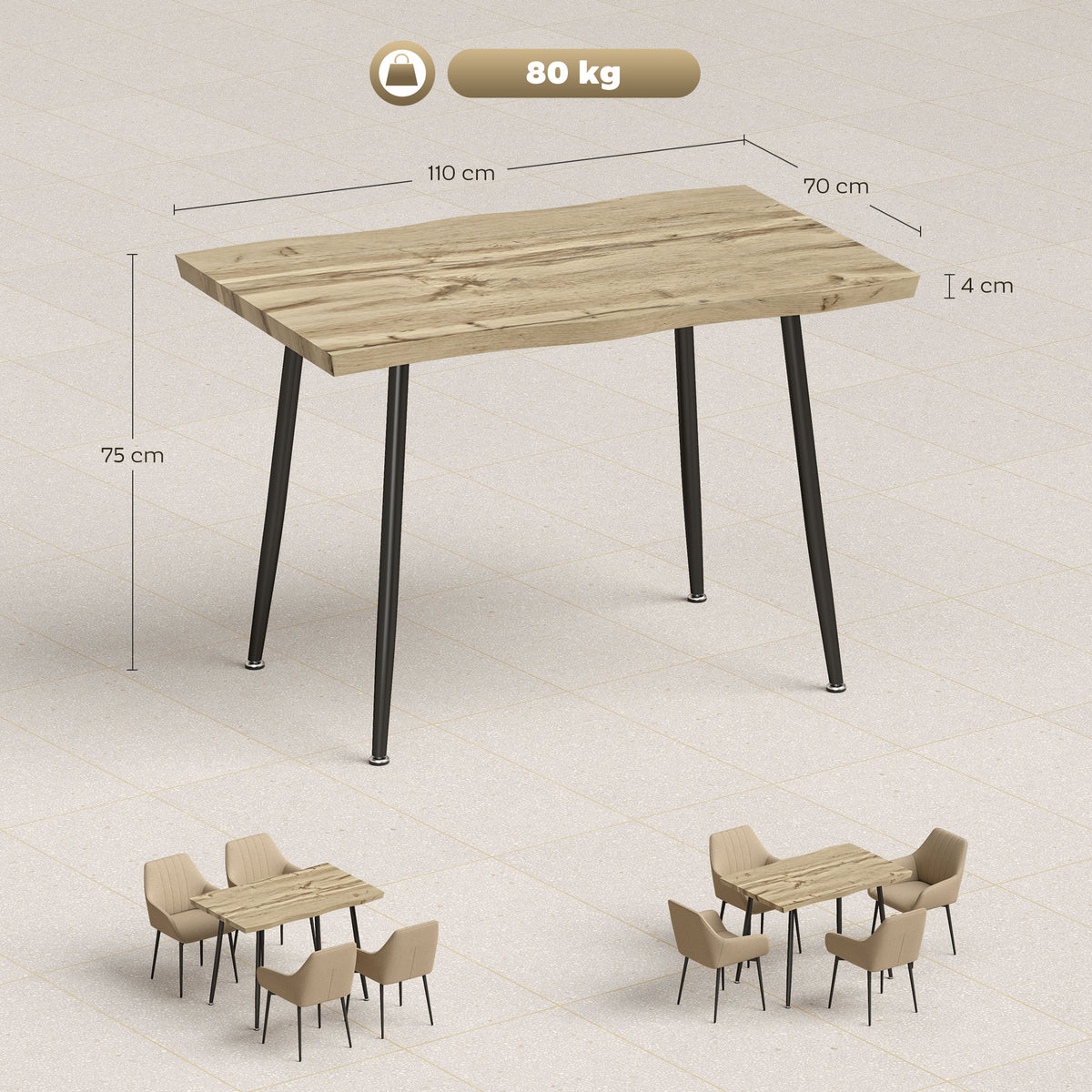 Esstisch für 4 Personen, 110 cm Nordischer Rechteckiger Küchentisch mit Stahlbeinen für Wohnzimmer und Esszimmer, Eiche