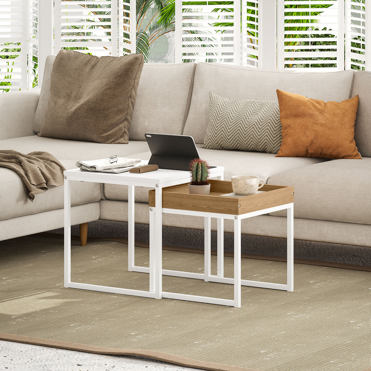 Set of Two Boxy Nesting Tables - White/Wood-Effect