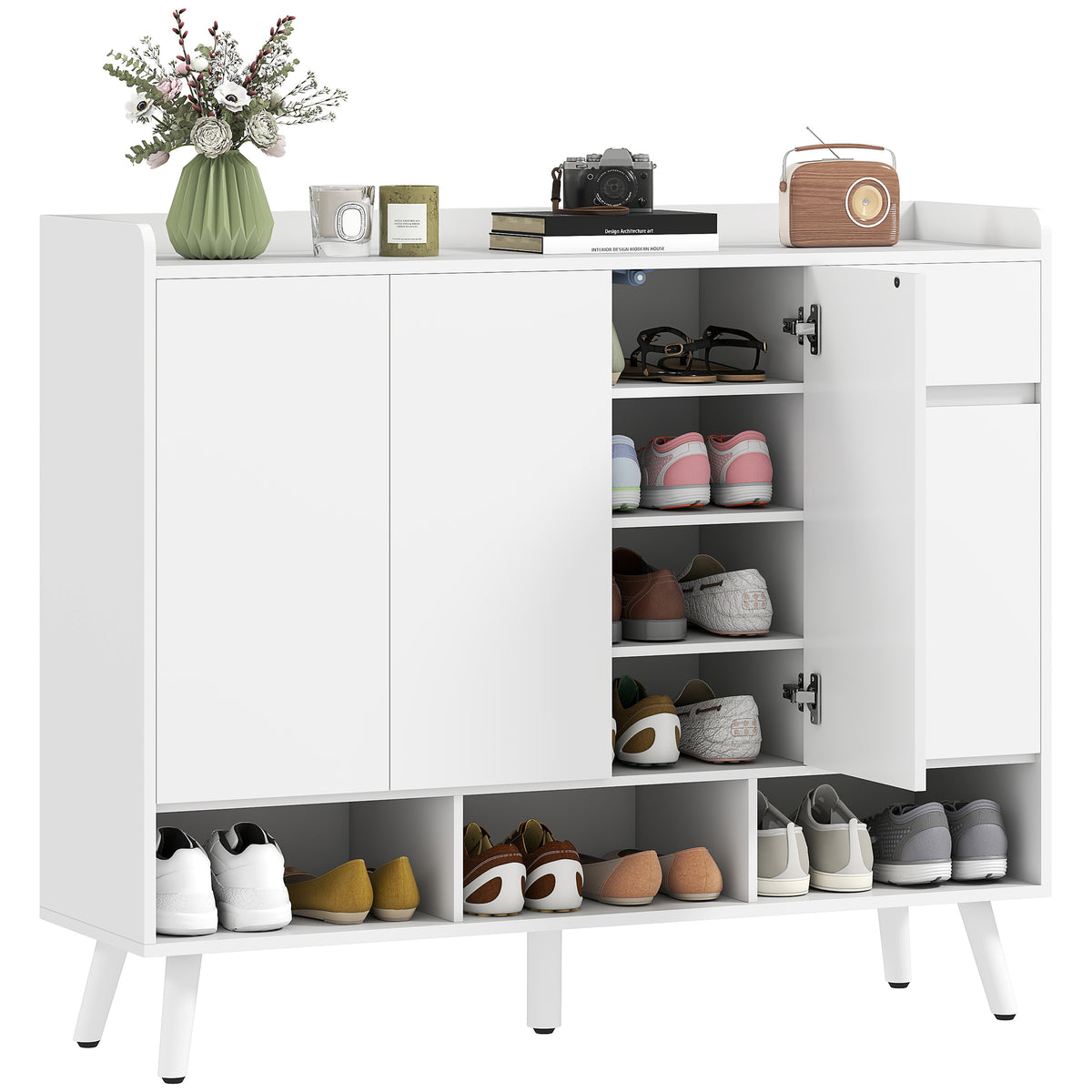 Schuhschrank mit grifflosem Design, 4 T¨¹ren, 4 verstellbare Regale, freistehendes Schuhregal mit 5 Holzbeinen, Holz, Wei?