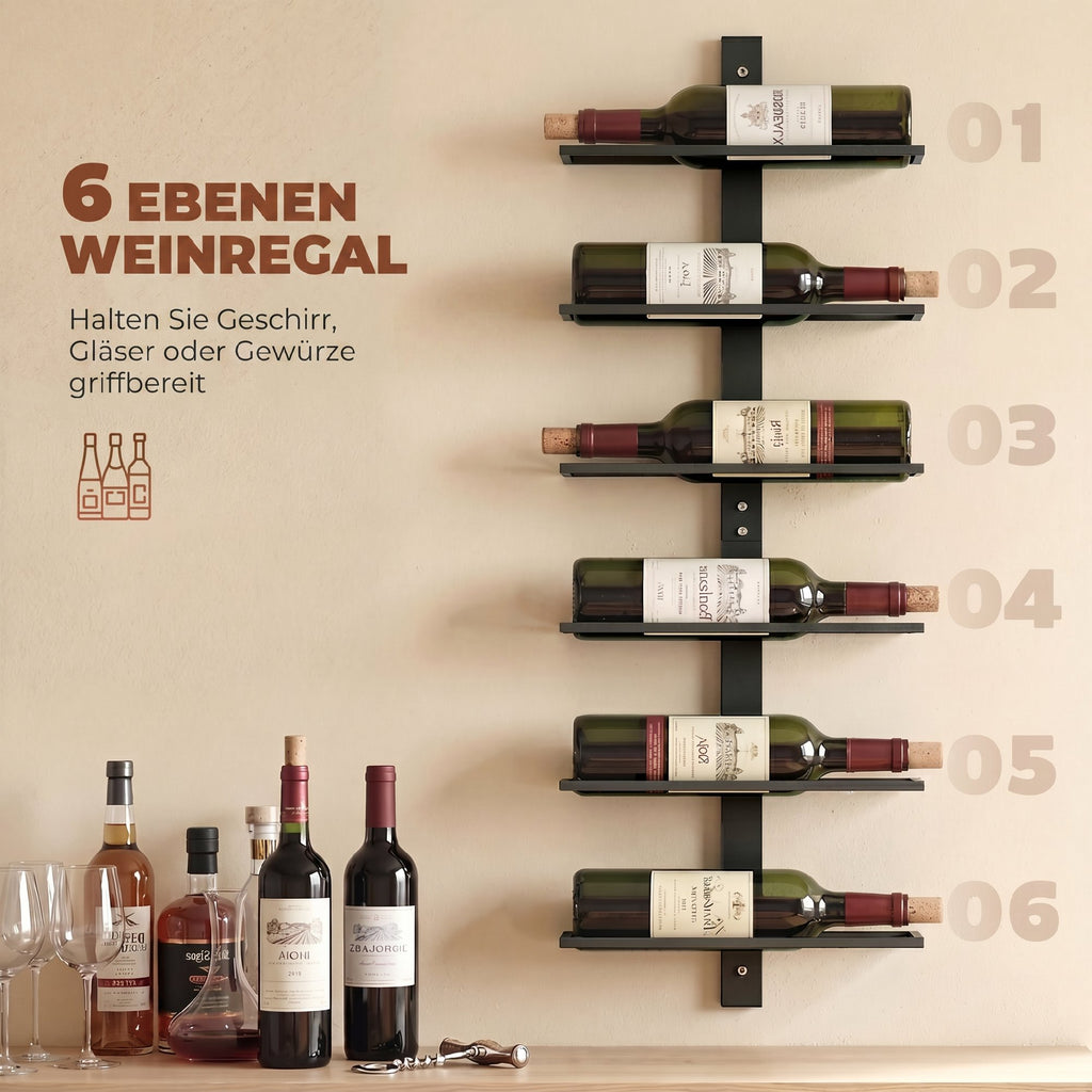 Wall Mounted Wine Rack, 6 Tier Metal Wine Display Rack, Storage Holder for Kitchen, Black
