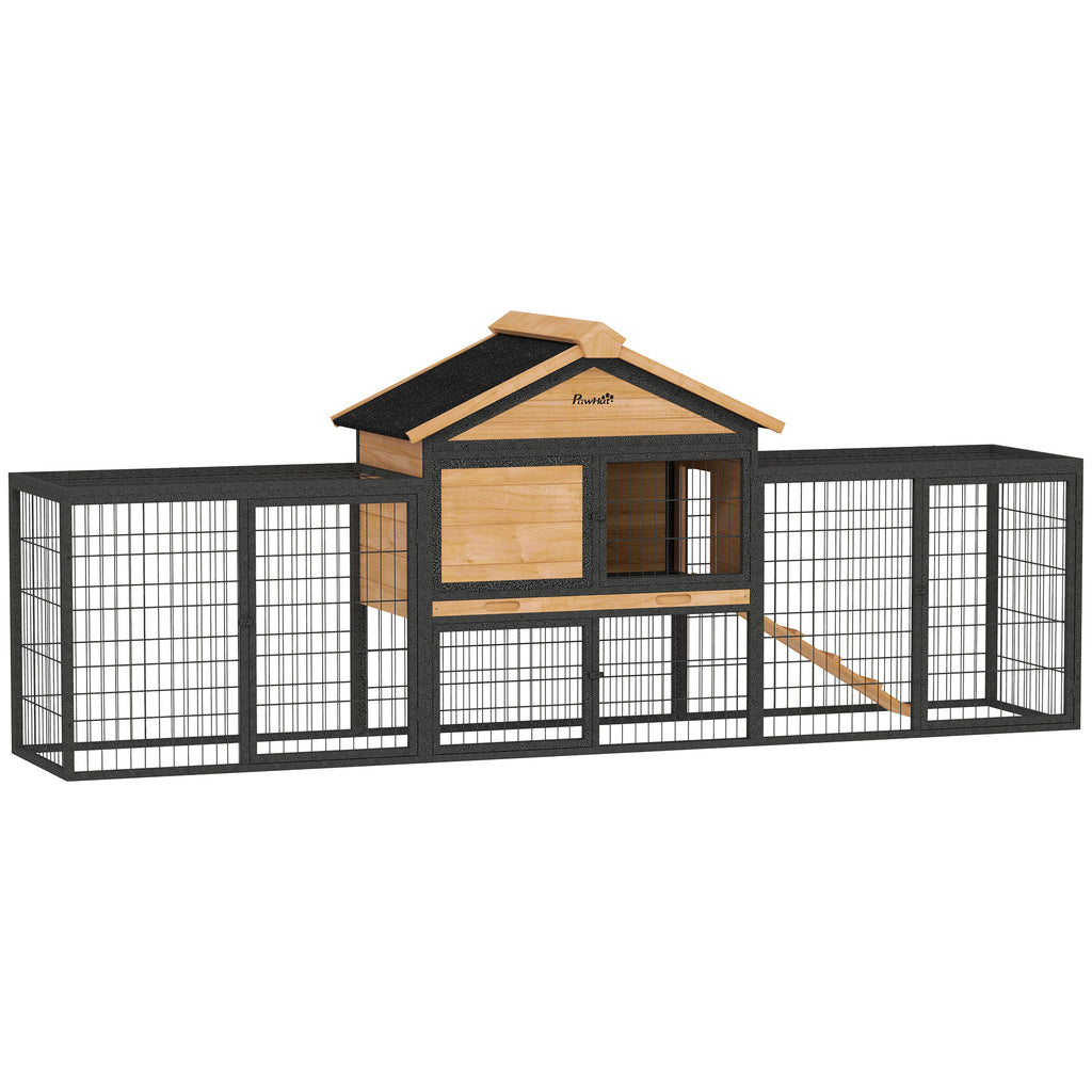 Hasenstall 2 Ebenen Kaninchenstall aus Vollholz Winterfest Doppelstockhaus mit Freilaufgehege 217x53x86 cm Gelb