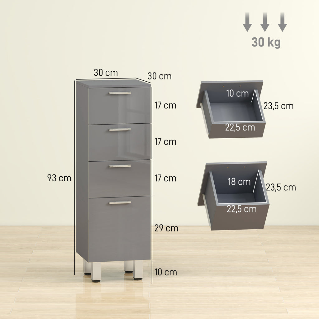 Badezimmerschrank, Badschrank, 4 Schubladen, Spanplatte, glatt, Grau
