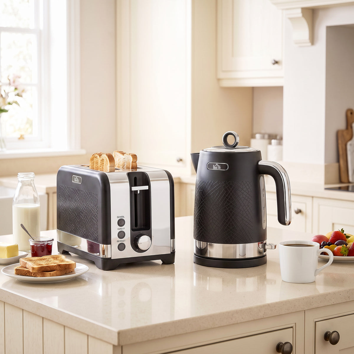 Wasserkocher- und Toaster-Set, 1,7 l 2200 W Schnellkoch-Wasserkocher mit Thermostat, 2-Scheiben-Toaster, Grau