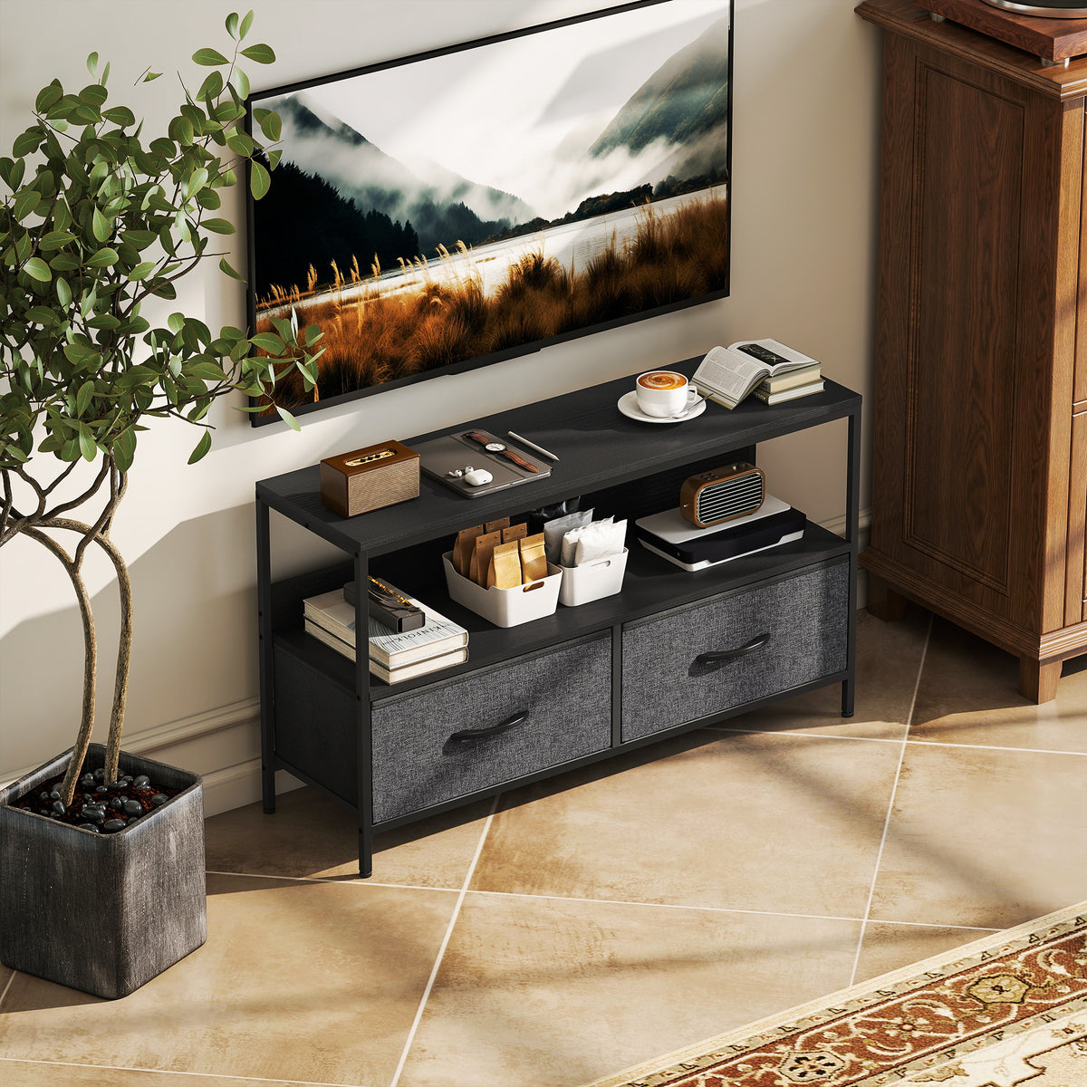 TV Stand Cabinet with 2 Foldable Drawers - Black