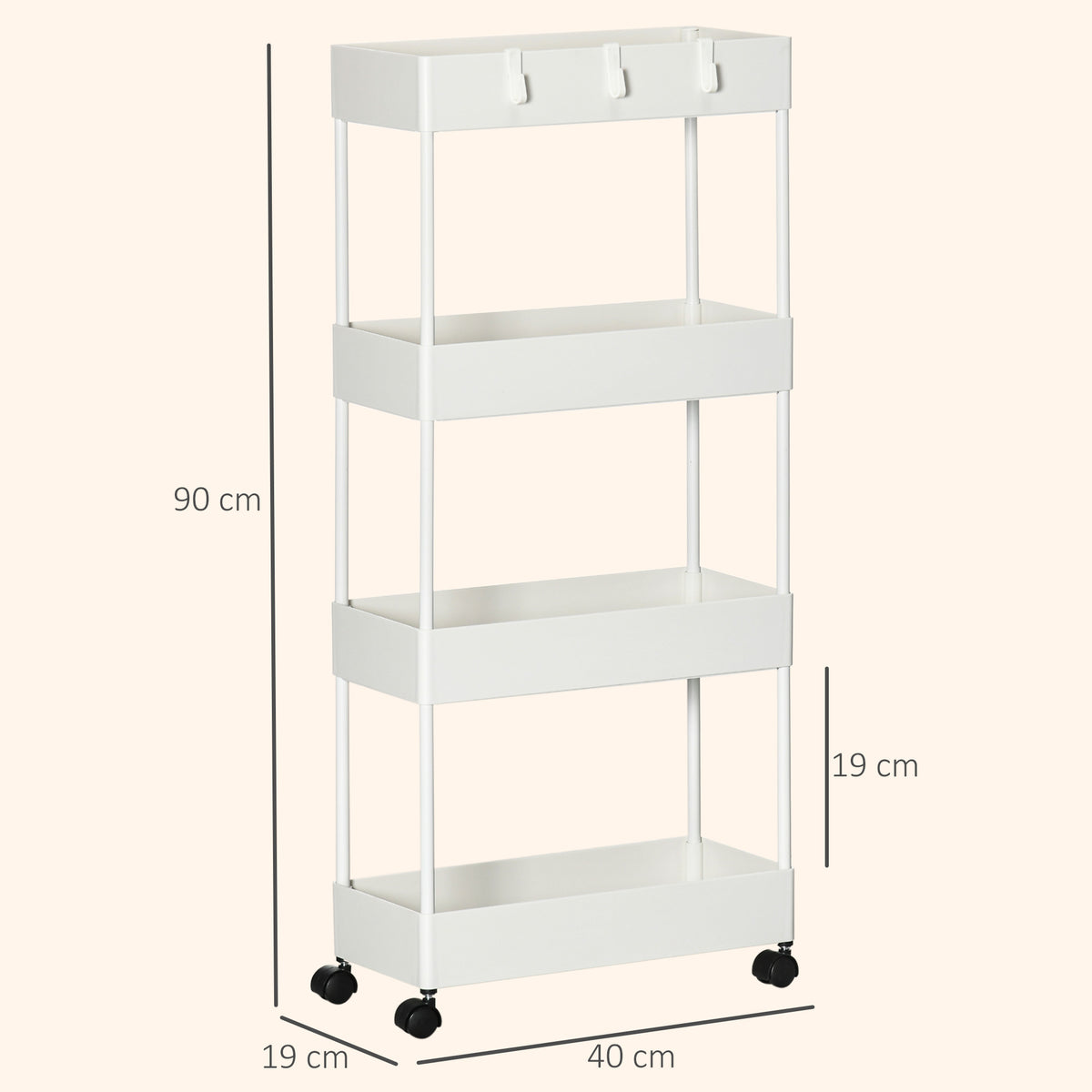 K¨¹chenwagen mit 4 Regalen, 4 flexiblen Haken, 4 Rollen, 40 cm x 19 cm x 90 cm, Nischenwagen, Wei?