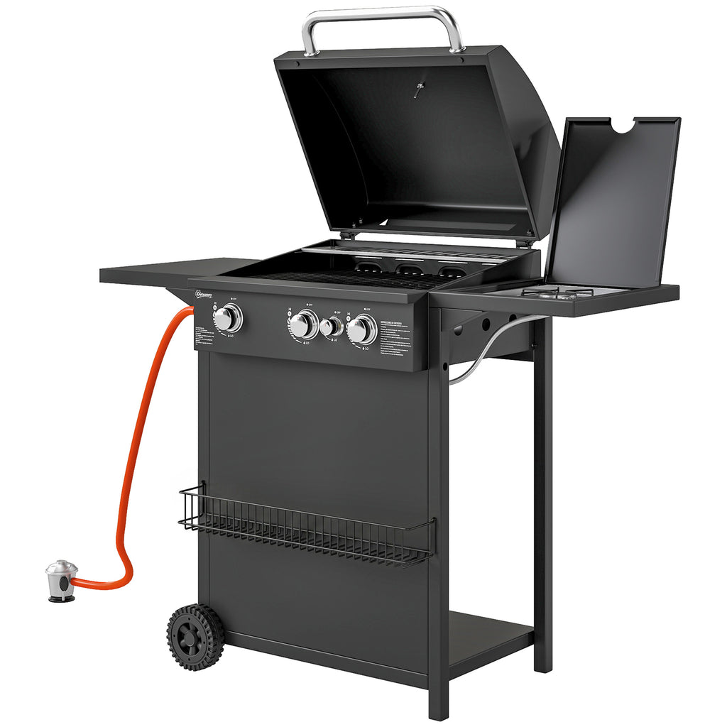 Gasgrill 9,5 KW Grillwagen inkl 4 Brenner Seitenkocher Rolle 123 x 57 x 98 cm Schwarz