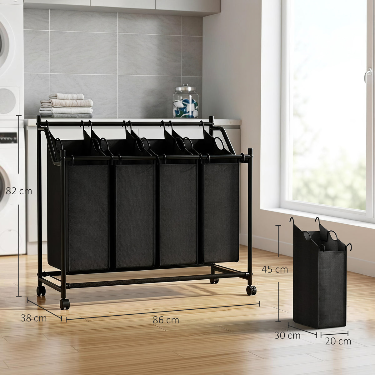 Wäschesammler mit Griff, 108 L rollbarer Wäschekorb mit 4 Fächern und Rollen, Schwarz