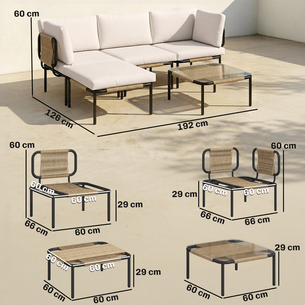 Polyrattan Gartenmöbel Set 5-teilig Lounge Set mit 3 Sessel Glastisch Hocker Breit & Tief Sitz abnehmbar Kissen
