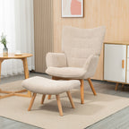 Akzentsessel mit Hocker, Relaxsessel in Cord-Optik, Armlehnstuhl mit Holzbeinen, für Wohnzimmer, Beige