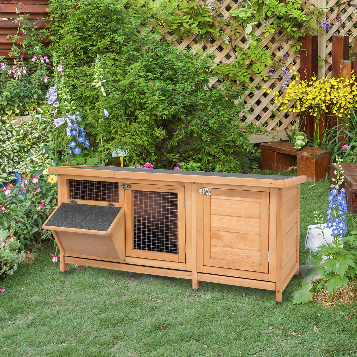 Hasenstall Winterfest Kaninchenstall aus Holz 112x50x54 cm Kaninchenkäfig mit Bitumendach, 2 Türen, Metallgitter, Hasenkäfig für Kaninchen, Meerschweinchen Outdoor Natur+Schwarz