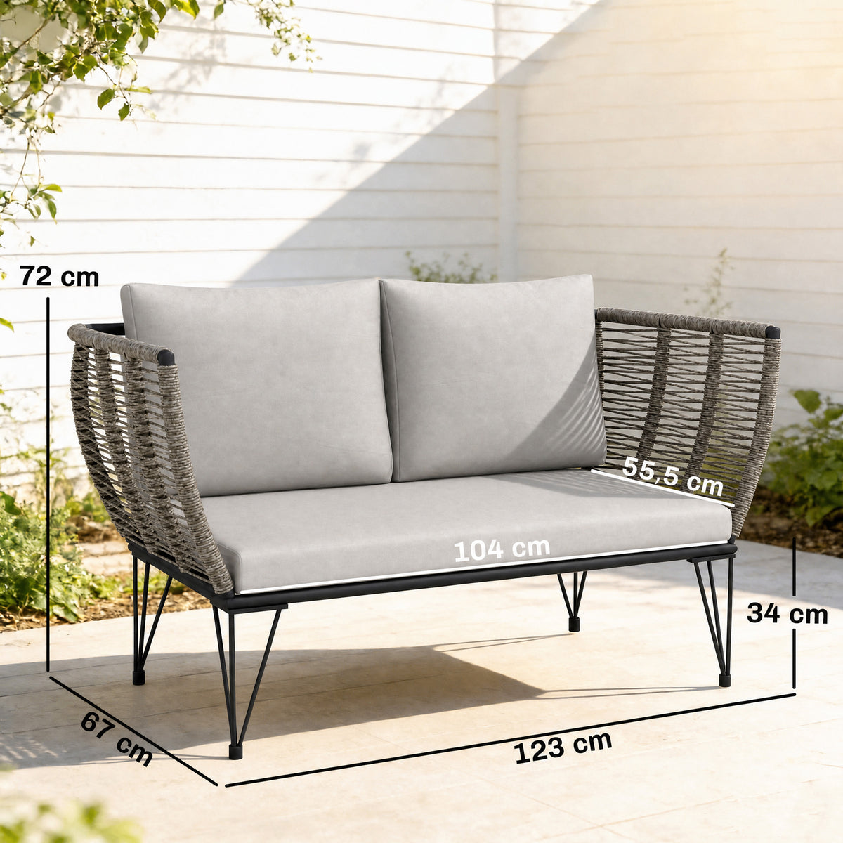 Gartensofa mit Kissen 2-Sitzer Sofa Outdoor Balkon Sofa Rattansofa Polyrattan Gartenmöbel 123 x 67 x 72 cm Hellgrau