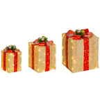 3-teiliges Weihnachts-Geschenkboxen-Set für Innen- und Außendekoration, mit 58 LED-Lichtern, Goldton