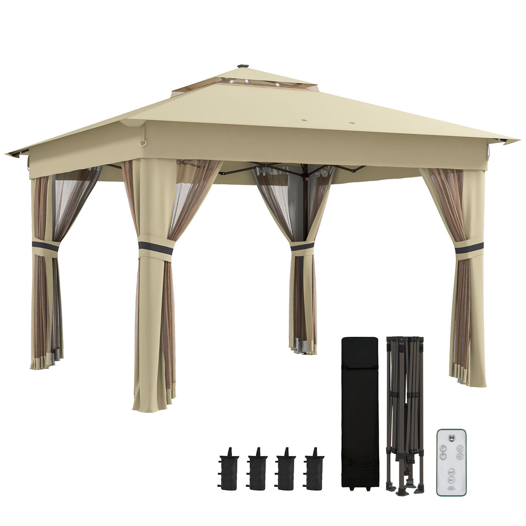 3.36 x 3.36m Pop Up Gazebo Party Tent with Solar-Powered LED Lights, Adjustable Event Shelter with Netting, Khaki
