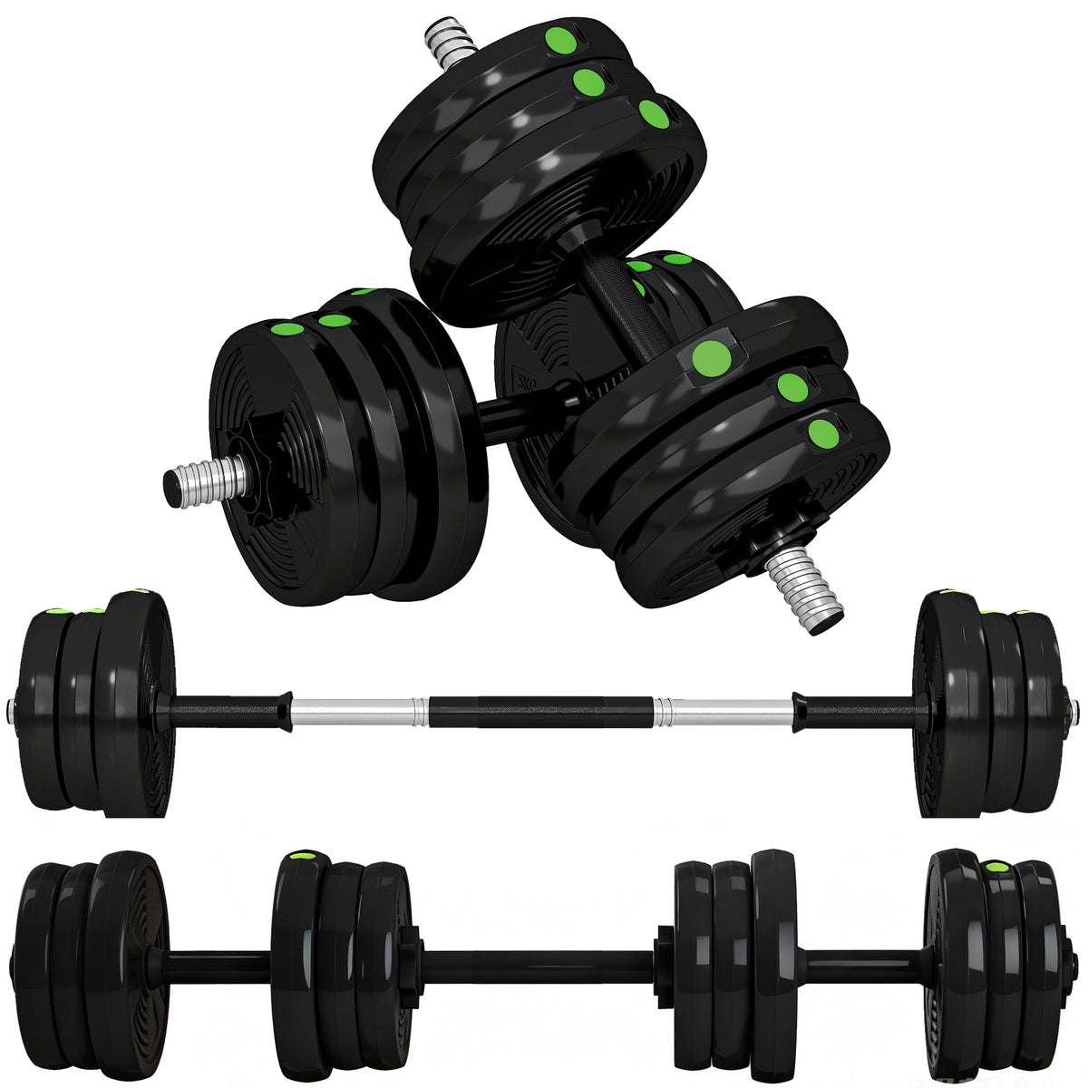 2-in-1 Hantel-Set, Lang- & Kurzhantel, 20 kg, rutschfest, bodenschonend, Schwarz/Grün