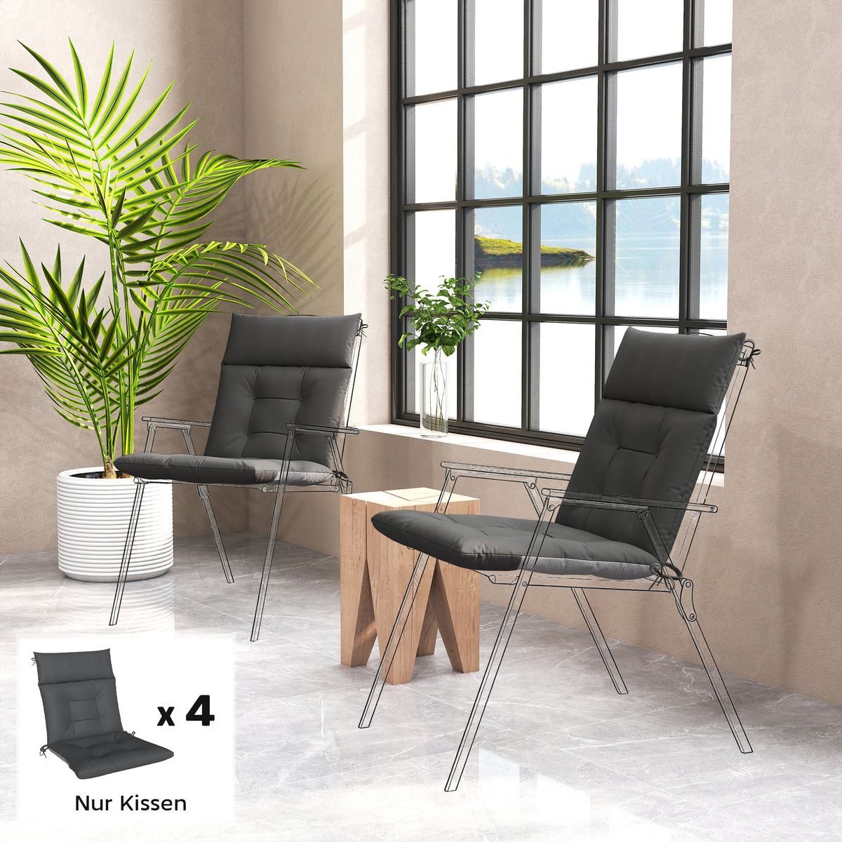 4er Set Sitzkissen wasserabweisend rutschfest Stuhlkissen mit Bändern, Indoor Outdoor 111,5 x 53 x 8 cm Dunkelgrau