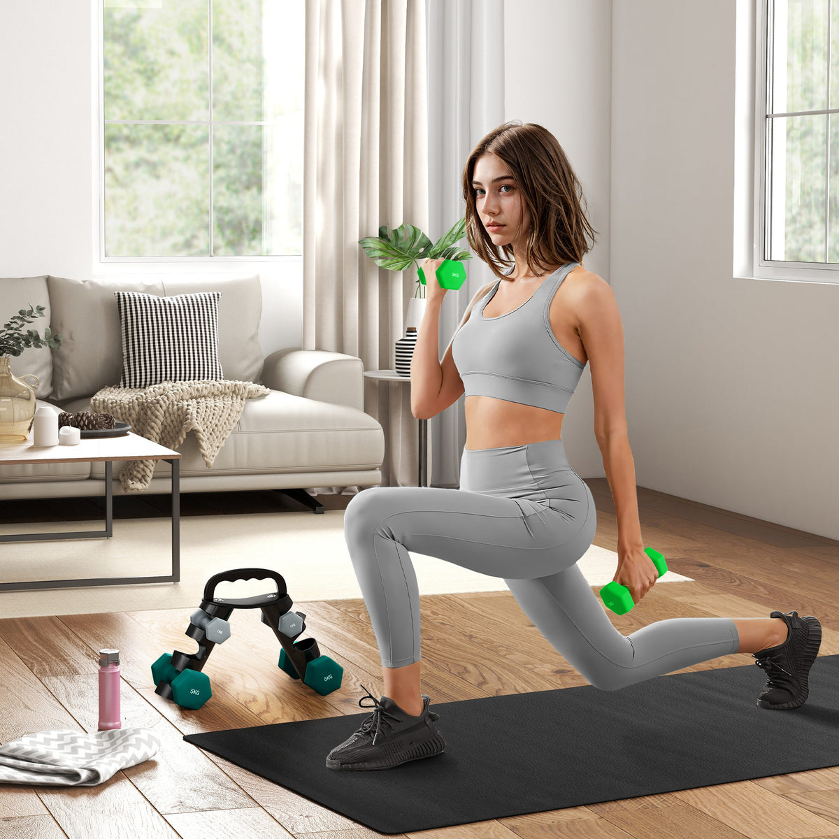 Dumbbells Set with Storage Rack, 2 x 1kg, 2 x 3kg, 2 x 5kg, Grey