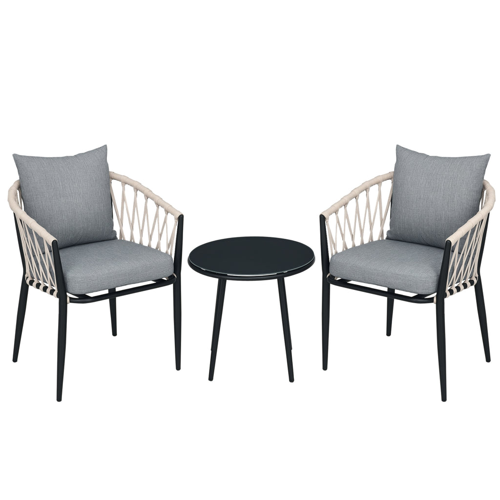 Gartenmöbel Set für 2 Personen inkl. 1 Tisch, 2 Stühlen mit Sitzkissen, Balkon-Set, Stahl, Grau
