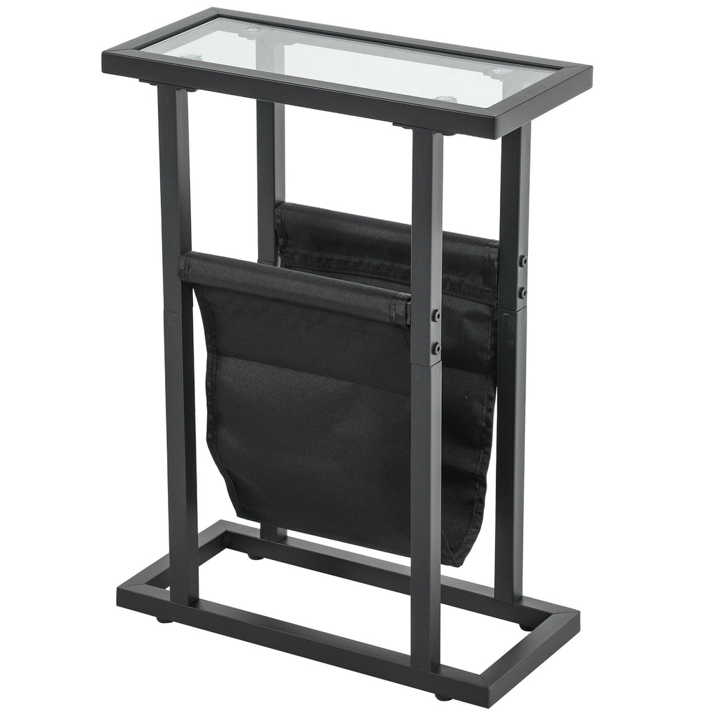 Beistelltisch aus Metall mit Stofftasche und Glasplatte, schmaler Tisch f¨¹r Wohnzimmer, Schlafzimmer, Schwarz