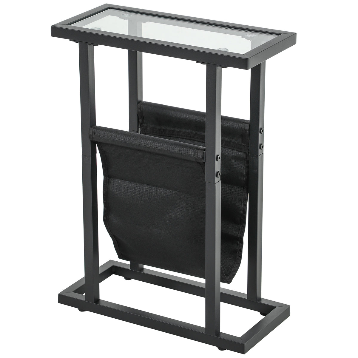 Beistelltisch aus Metall mit Stofftasche und Glasplatte, schmaler Tisch f¨¹r Wohnzimmer, Schlafzimmer, Schwarz