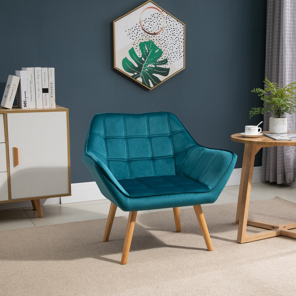  Modern Armchair, Accent Chair with Wide Arms, Slanted Back and Rubber Wood Legs for Living Room, Bedroom, Home Office, Blue