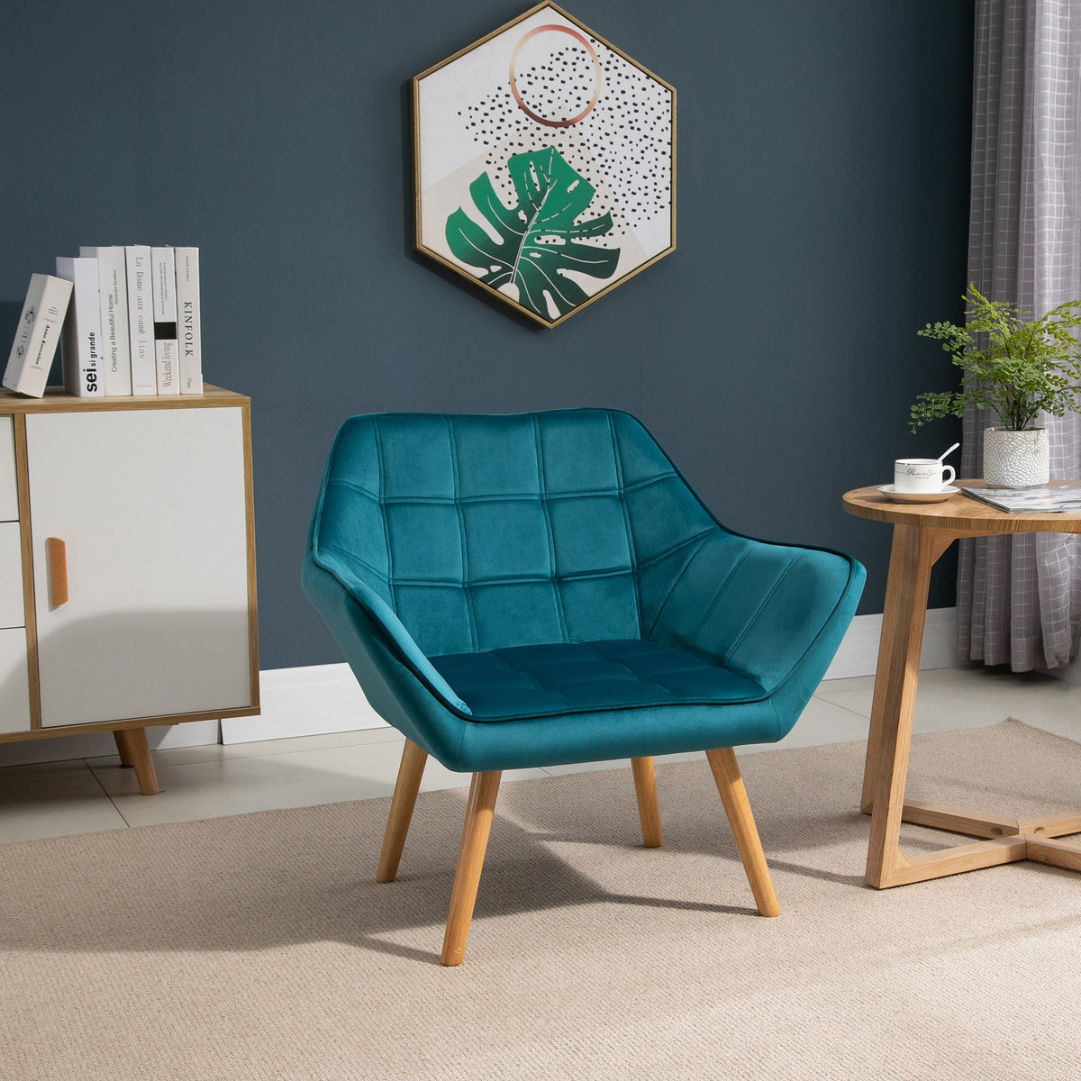  Modern Armchair, Accent Chair with Wide Arms, Slanted Back and Rubber Wood Legs for Living Room, Bedroom, Home Office, Blue