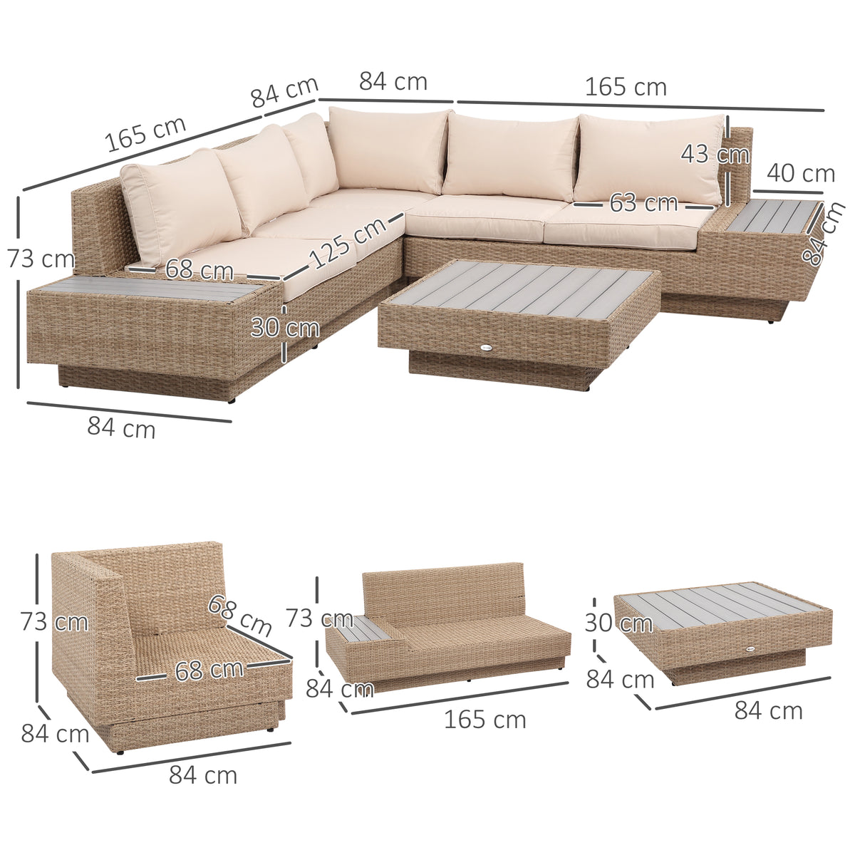  4-tlg. Luxus Polyrattan Gartengarnitur Gartenmöbel Garten-Set Sitzgruppe Loungeset Loungemöbel inkl. Ablagen und Beistelltisch Sitzkissen Braun