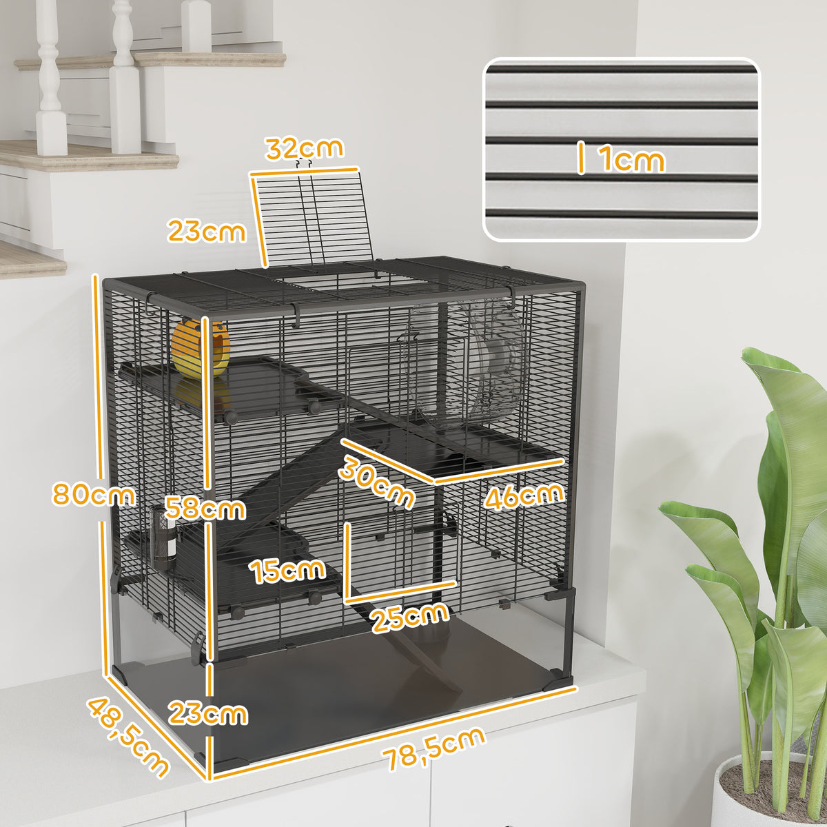 Four-Tier Hamster Cage with Deep Tempered Glass Bottom, Hut, Running Wheel, Food Dish, Water Bottle, 78.5 x 48.5 x 80cm