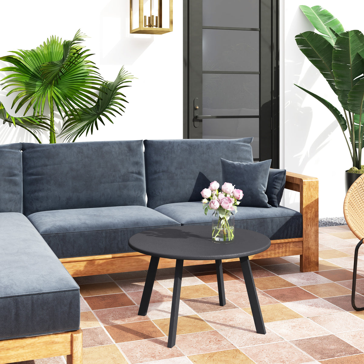 Beistelltisch Balkontisch aus Metall Rund Kaffeetisch wetterfest Gartentisch Ø70 x 42H cm Dunkelgrau