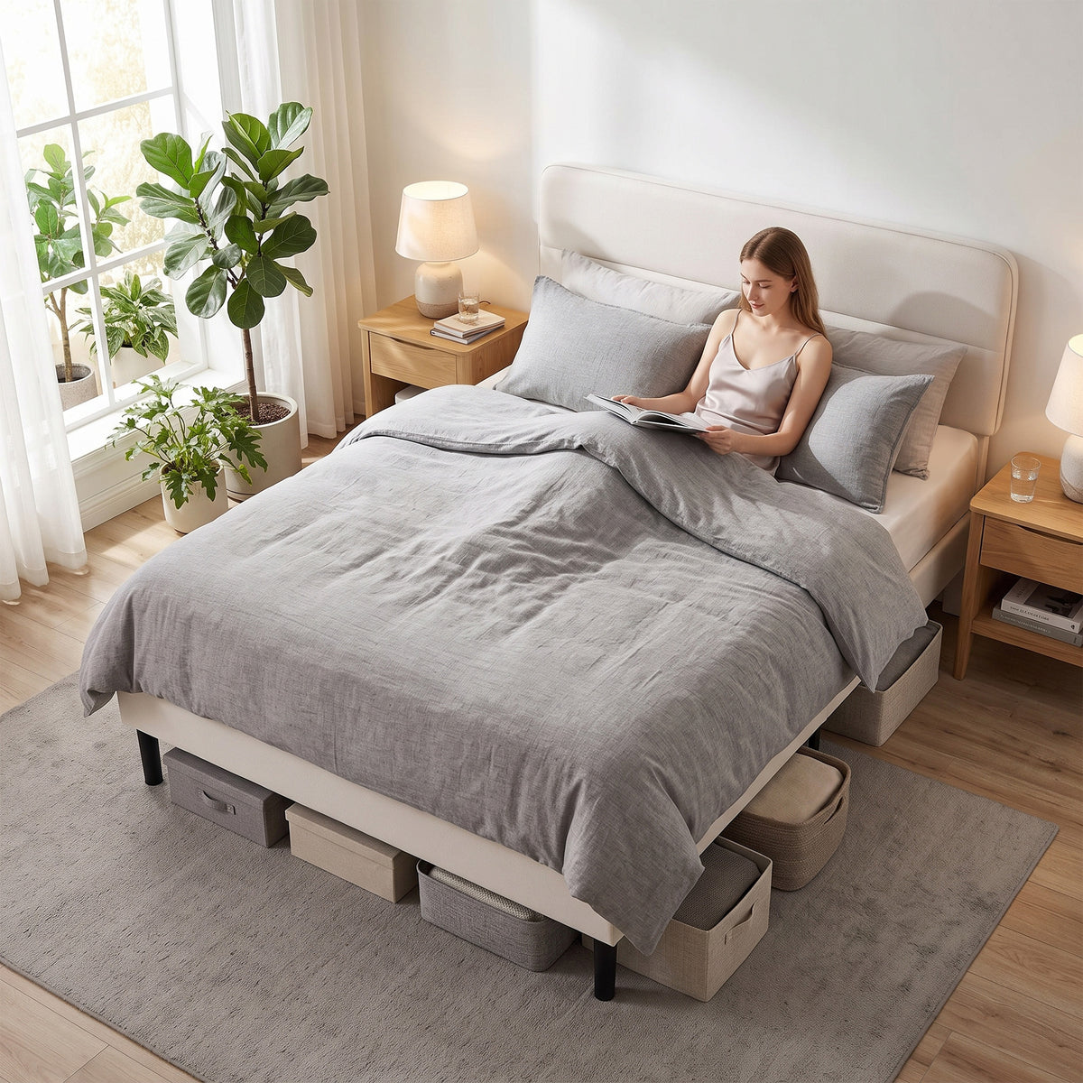 Bettgestell 140 x 200 cm mit verstellbarem Kopfteil, Polsterbett in Leinenoptik mit 12 Sperrholzlatten, Beige