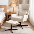 360° drehbarer Loungesessel mit Hocker, höhenverstellbar, Chenille-Bezug, mit Lendenkissen, Cremeweiß