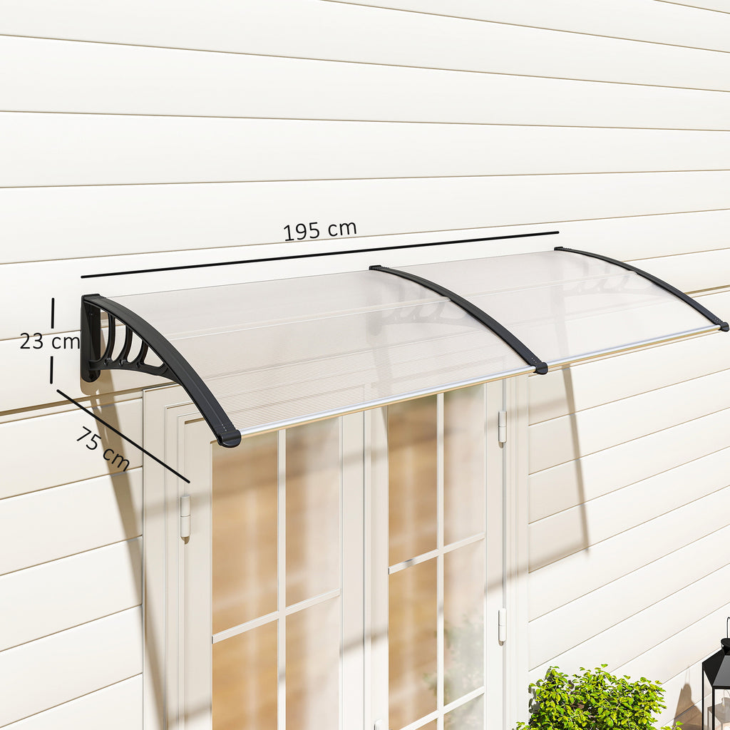 Front Door Canopy Outdoor Awning Aluminium Rigid Plastic Polycarbonate Rain Shelter UV Water Rain Resistant 75 x 195 cm White